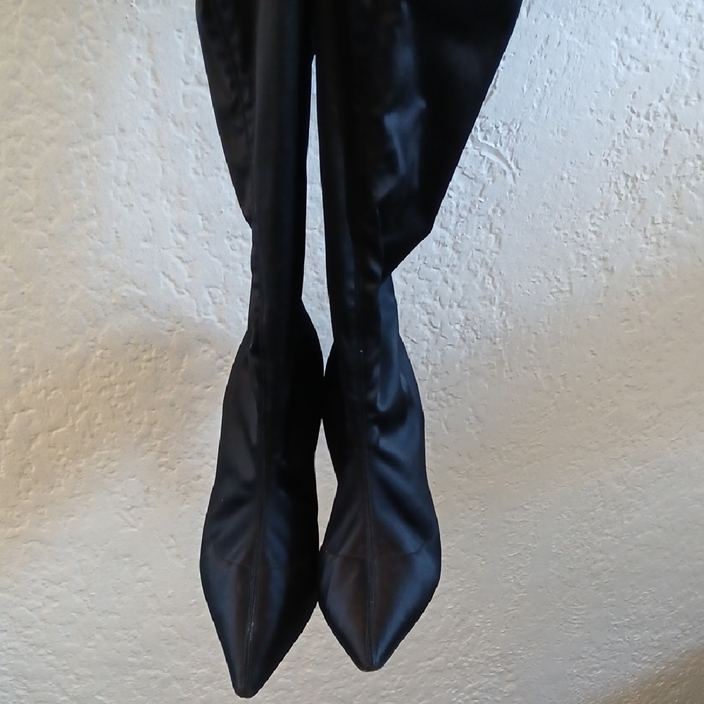 Delman Saten Black Over the Knee Boots Sleek Pointed Toe